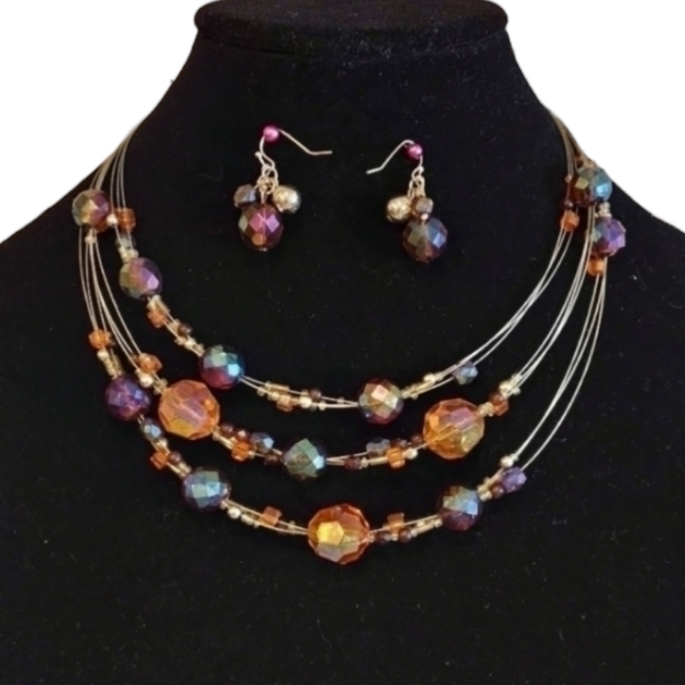 Vintage Amber Iridescent Necklace & Earring Set